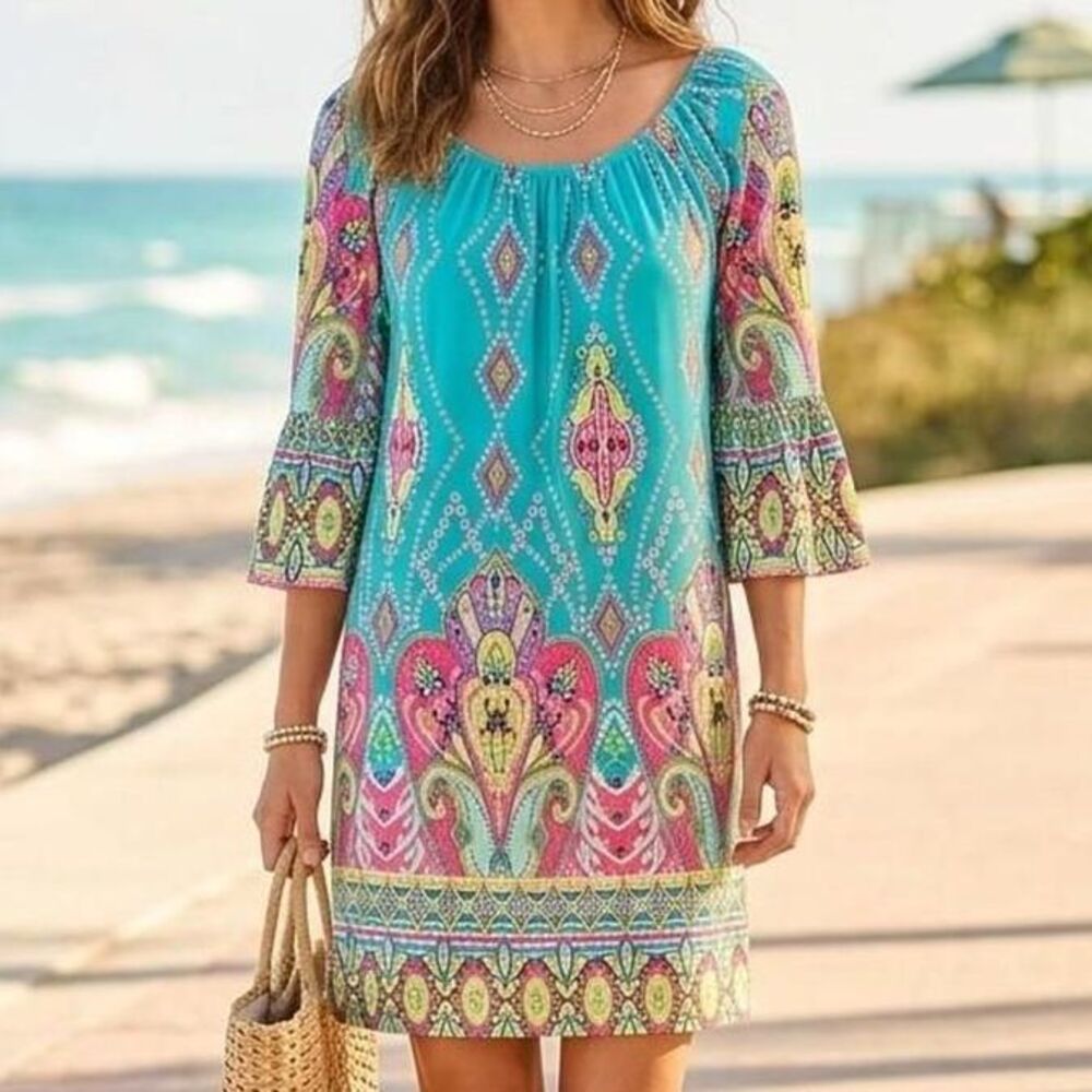 Christian Caliendo Paisley Boho Tunic Dress small – Bell Sleeve Summer Midi